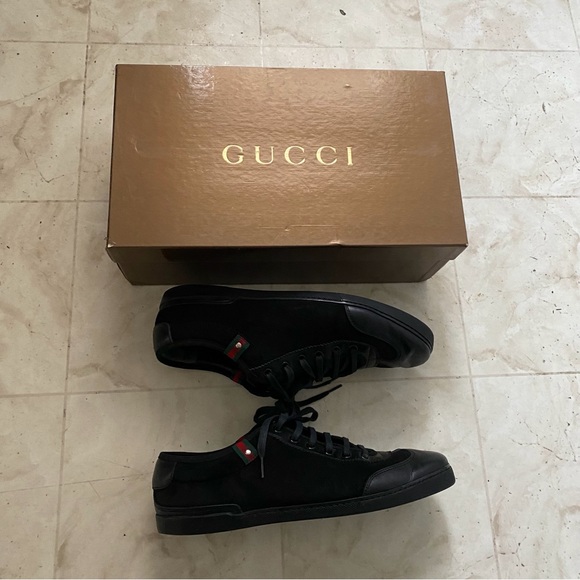 $985 Gucci Made in Italy Black Leather Suede Low Top Men's Sneakers Size 9G